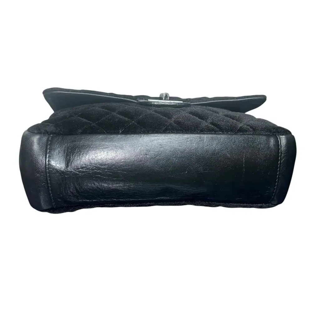 Italian Quilted Velvet and Leather Shoulder Bag Chain Strap Black Luxury